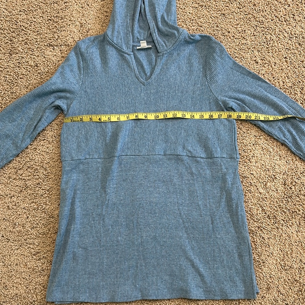 J.Jill Hooded Split-Neck Sweater Tunic Blue Heather Side-Slit Size Petite Medium - Picture 15 of 16